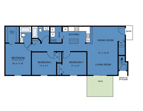 Floor plan for 3 beds, 2 baths, 1234 sqft